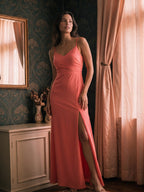 Coral Satin Sheath V-Neck V-Back Floor-Length Bridesmaid Dress with Pleating - Curvevia