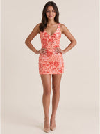 Coral Sequins Sheath V-Neck Backless Short Homecoming Dress - Curvevia