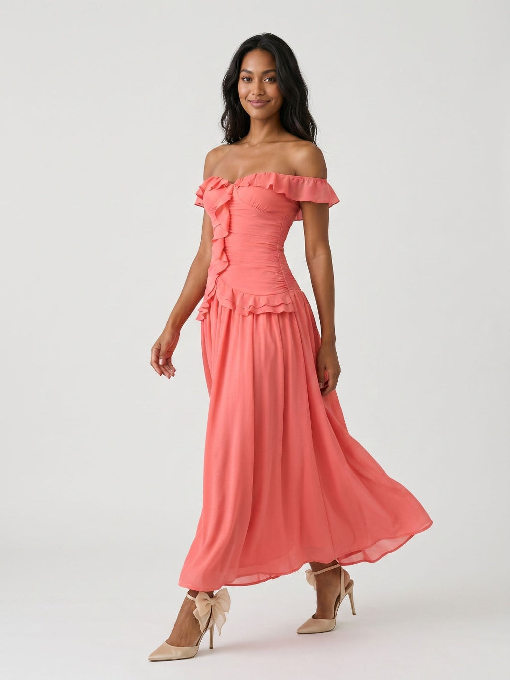 Coral Stretch Knit A-Line Off-the-Shoulder Ankle-Length Evening Dress with Ruffles - Curvevia