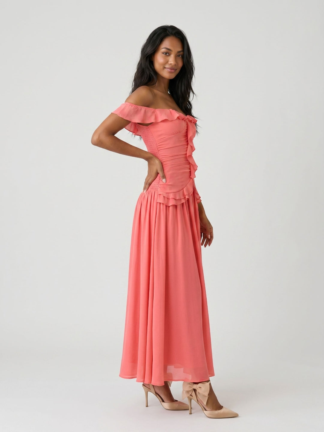 Coral Stretch Knit A-Line Off-the-Shoulder Ankle-Length Evening Dress with Ruffles - Curvevia