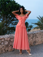 Coral Stretch Knit A-Line Off-the-Shoulder Ankle-Length Evening Dress with Ruffles - Curvevia