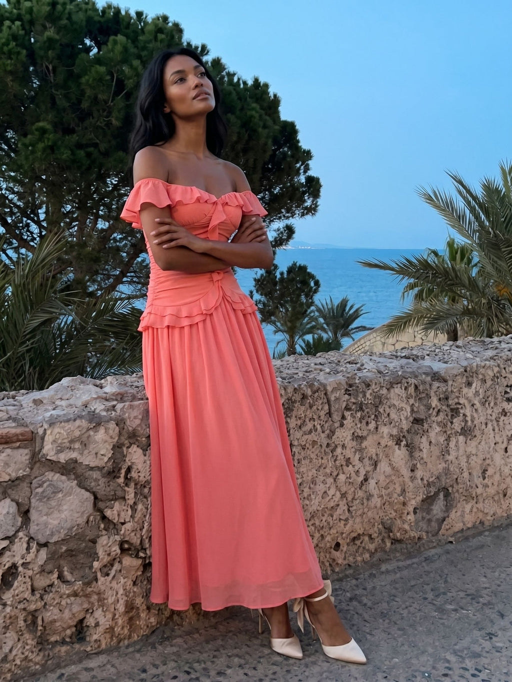 Coral Stretch Knit A-Line Off-the-Shoulder Ankle-Length Evening Dress with Ruffles - Curvevia