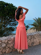 Coral Stretch Knit A-Line Off-the-Shoulder Ankle-Length Evening Dress with Ruffles - Curvevia