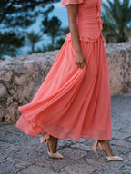 Coral Stretch Knit A-Line Off-the-Shoulder Ankle-Length Evening Dress with Ruffles - Curvevia