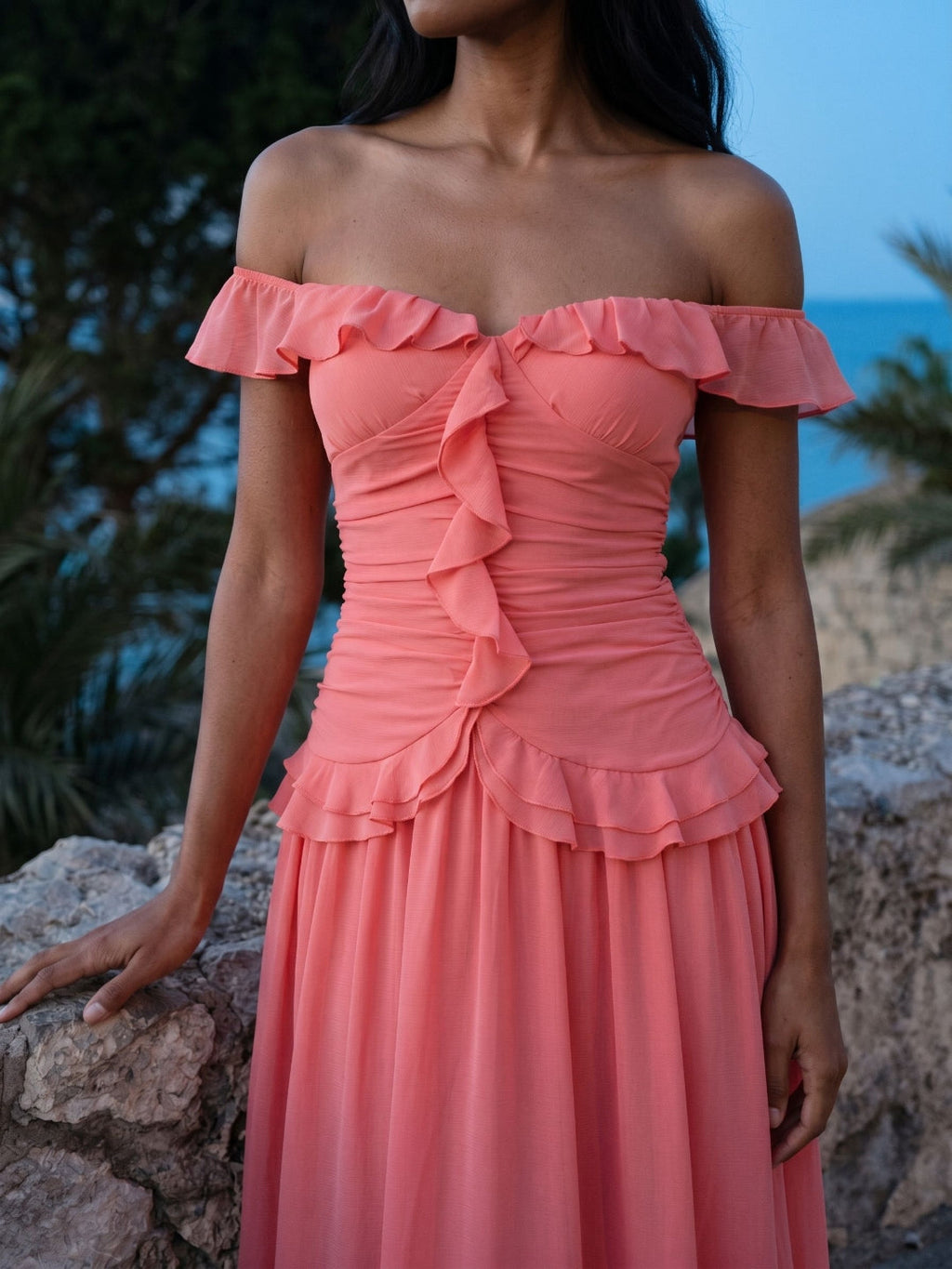 Coral Stretch Knit A-Line Off-the-Shoulder Ankle-Length Evening Dress with Ruffles - Curvevia