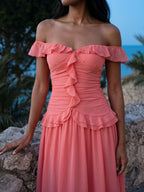 Coral Stretch Knit A-Line Off-the-Shoulder Ankle-Length Evening Dress with Ruffles - Curvevia