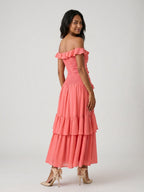 Coral Stretch Knit A-Line Off-the-Shoulder Ankle-Length Evening Dress with Ruffles - Curvevia