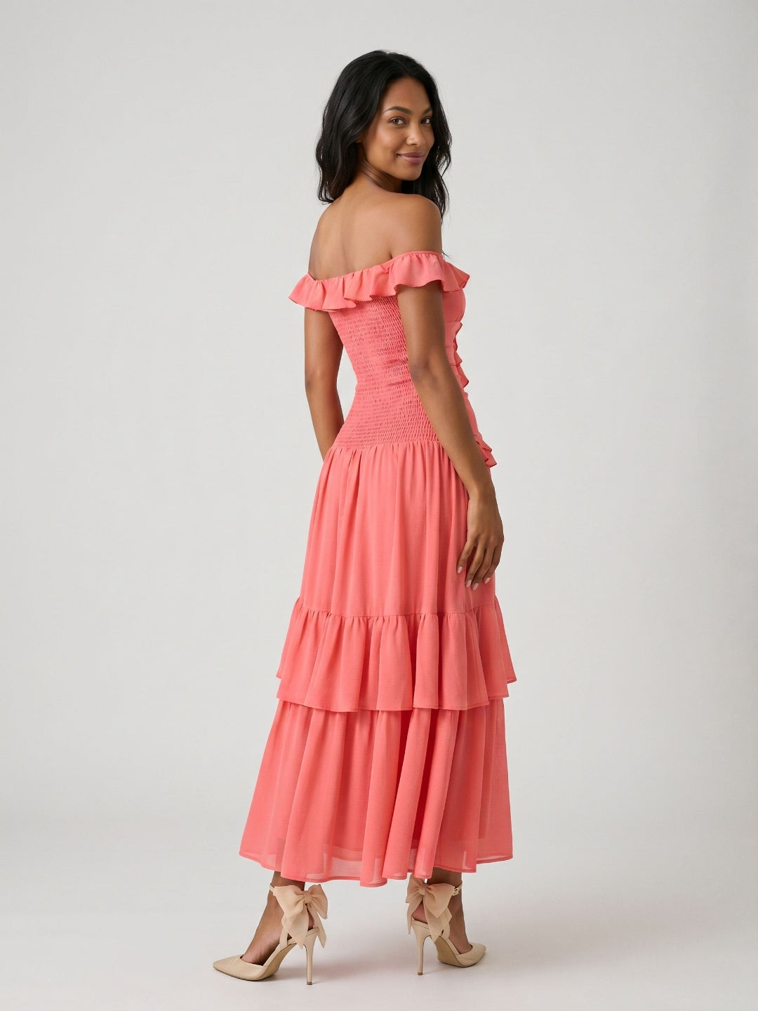 Coral Stretch Knit A-Line Off-the-Shoulder Ankle-Length Evening Dress with Ruffles - Curvevia