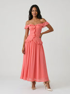 Coral Stretch Knit A-Line Off-the-Shoulder Ankle-Length Evening Dress with Ruffles - Curvevia