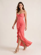 Coral Stretch Knit Mermaid V-Neck Back Zip Asymmetrical Birthday Dress - Curvevia