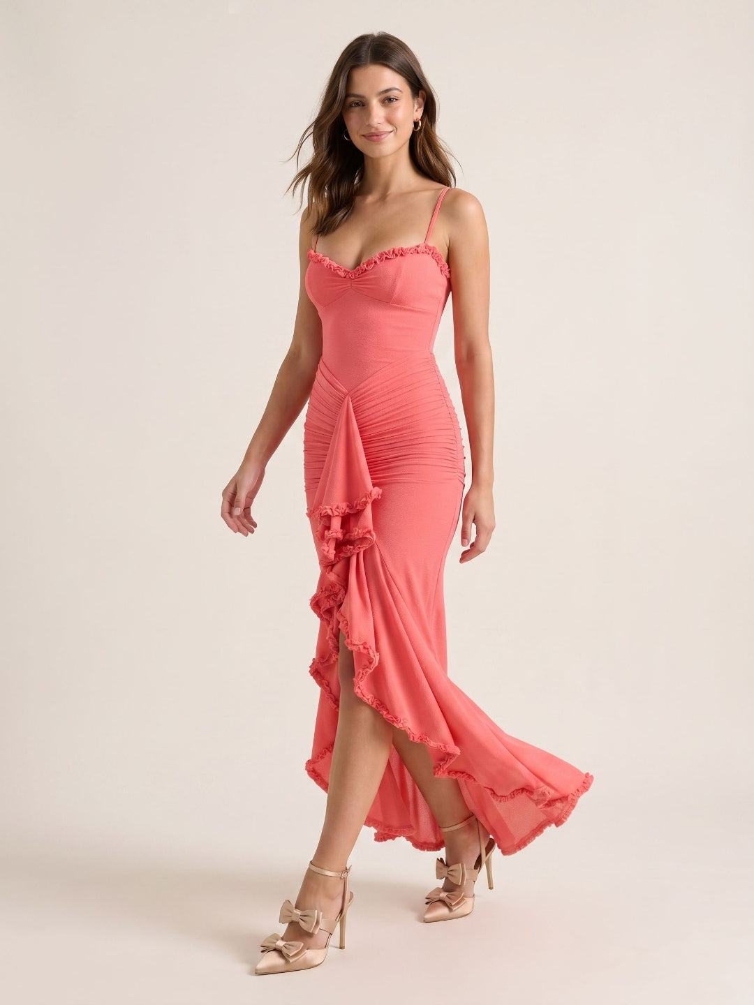 Coral Stretch Knit Mermaid V-Neck Back Zip Asymmetrical Birthday Dress - Curvevia