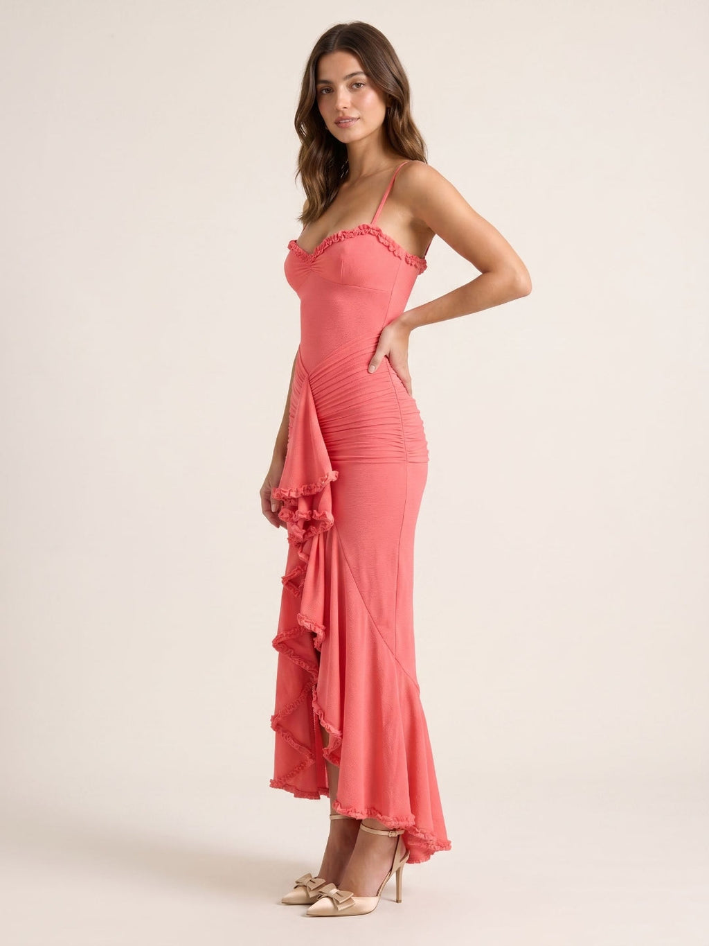 Coral Stretch Knit Mermaid V-Neck Back Zip Asymmetrical Birthday Dress - Curvevia