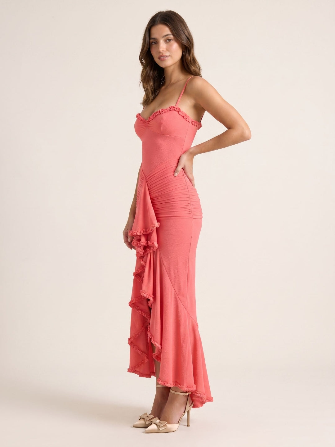 Coral Stretch Knit Mermaid V-Neck Back Zip Asymmetrical Birthday Dress - Curvevia