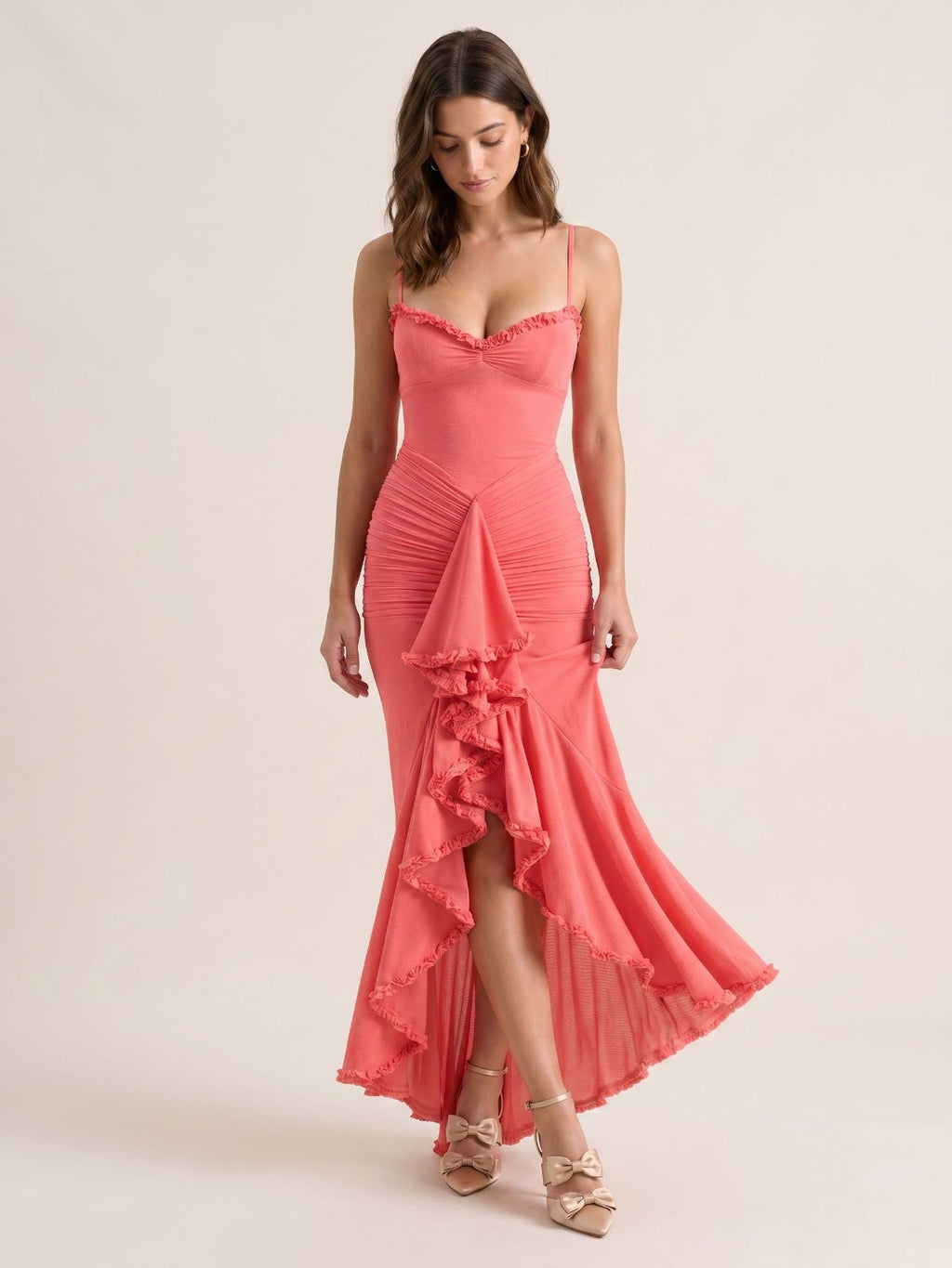 Coral Stretch Knit Mermaid V-Neck Back Zip Asymmetrical Birthday Dress - Curvevia
