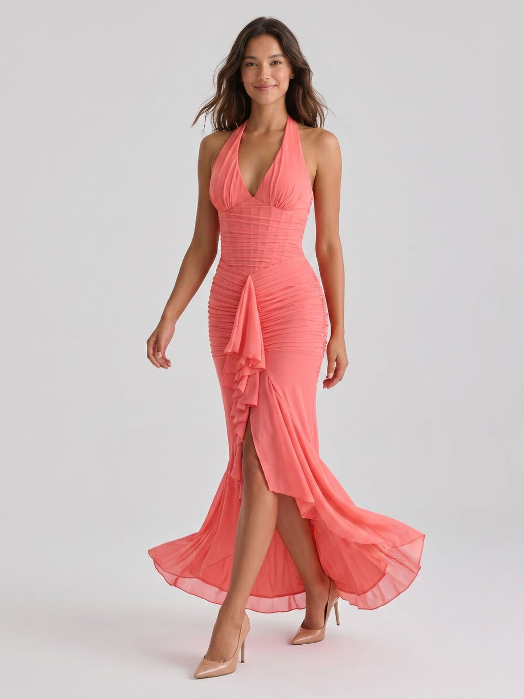 Coral Stretch Knit Sheath Halter Neckline Back Zip Floor-Length Birthday Dress - Curvevia