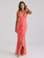 Coral Stretch Knit Sheath Halter Neckline Back Zip Floor-Length Birthday Dress - Curvevia