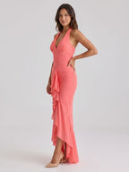 Coral Stretch Knit Sheath Halter Neckline Back Zip Floor-Length Birthday Dress - Curvevia