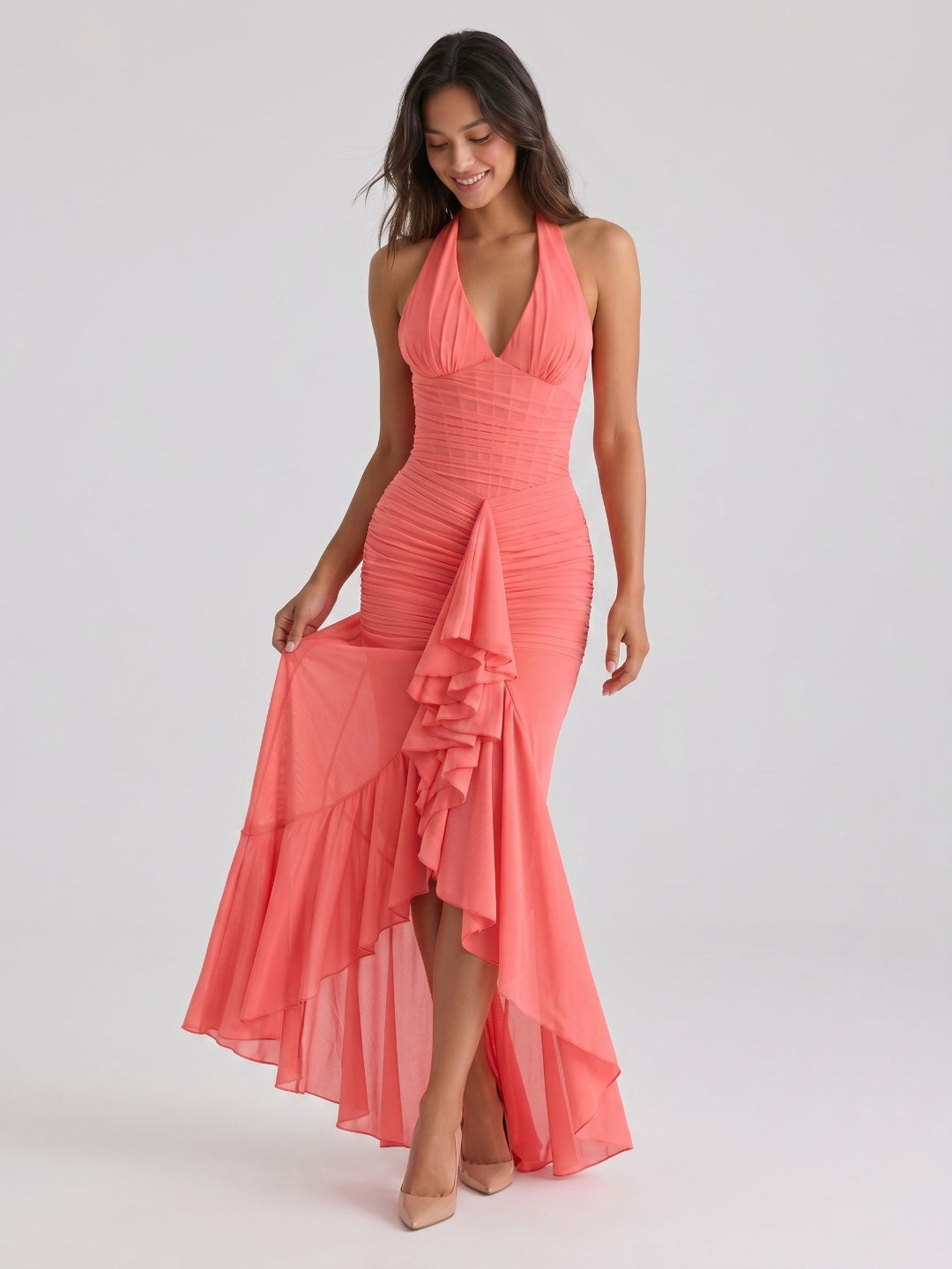 Coral Stretch Knit Sheath Halter Neckline Back Zip Floor-Length Birthday Dress - Curvevia