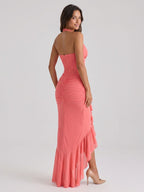 Coral Stretch Knit Sheath Halter Neckline Back Zip Floor-Length Birthday Dress - Curvevia