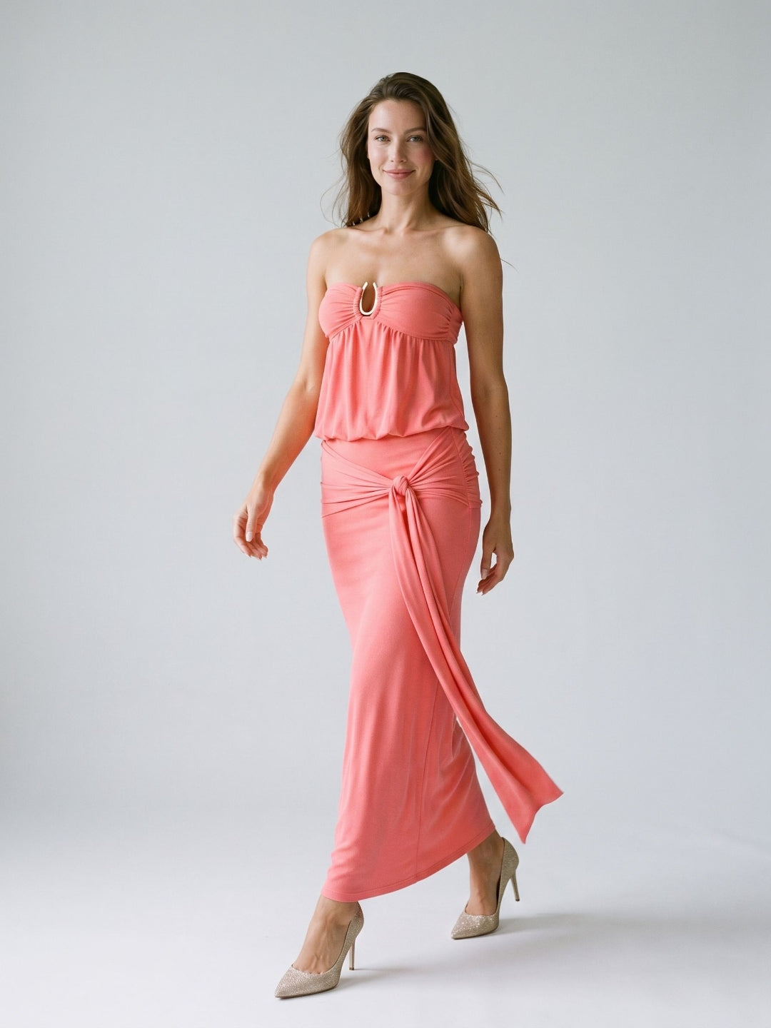 Coral Stretch Knit Sheath Straight Neck Side Zip Ankle-Length Evening Dress - Curvevia