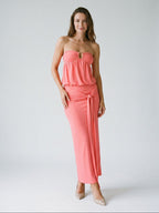 Coral Stretch Knit Sheath Straight Neck Side Zip Ankle-Length Evening Dress - Curvevia