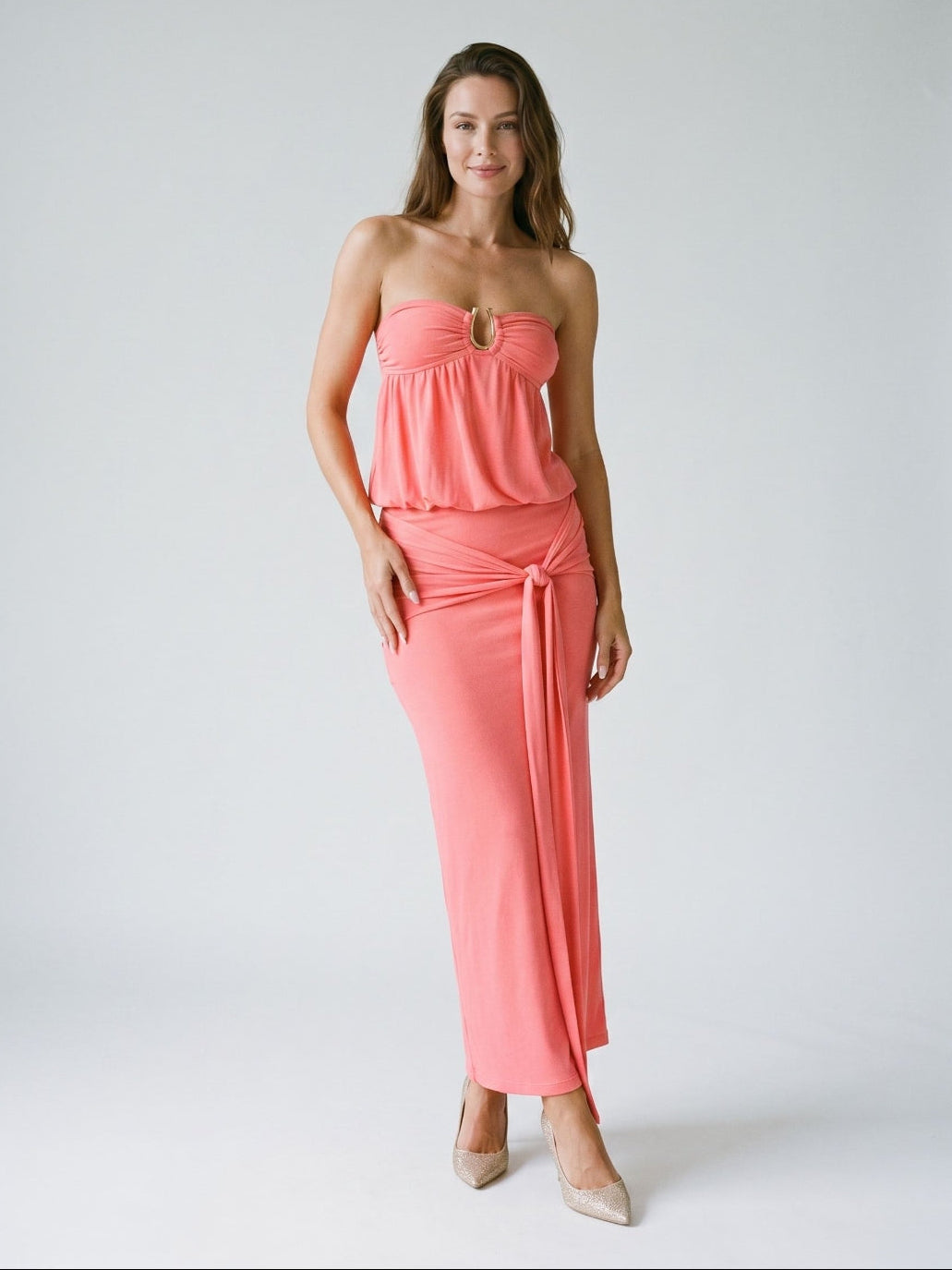 Coral Stretch Knit Sheath Straight Neck Side Zip Ankle-Length Evening Dress - Curvevia