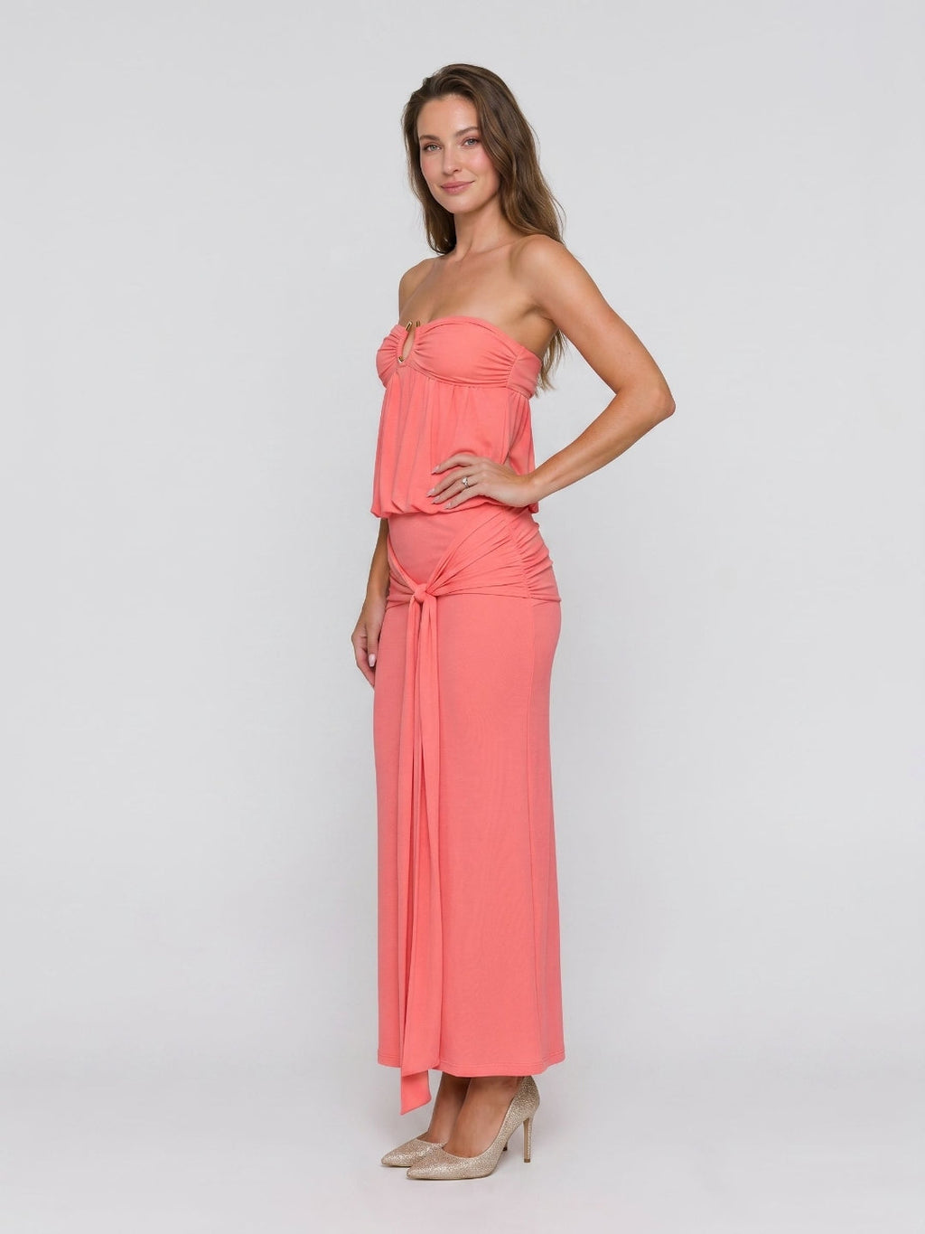 Coral Stretch Knit Sheath Straight Neck Side Zip Ankle-Length Evening Dress - Curvevia