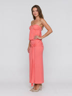 Coral Stretch Knit Sheath Straight Neck Side Zip Ankle-Length Evening Dress - Curvevia