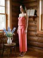 Coral Stretch Knit Sheath Straight Neck Side Zip Ankle-Length Evening Dress - Curvevia