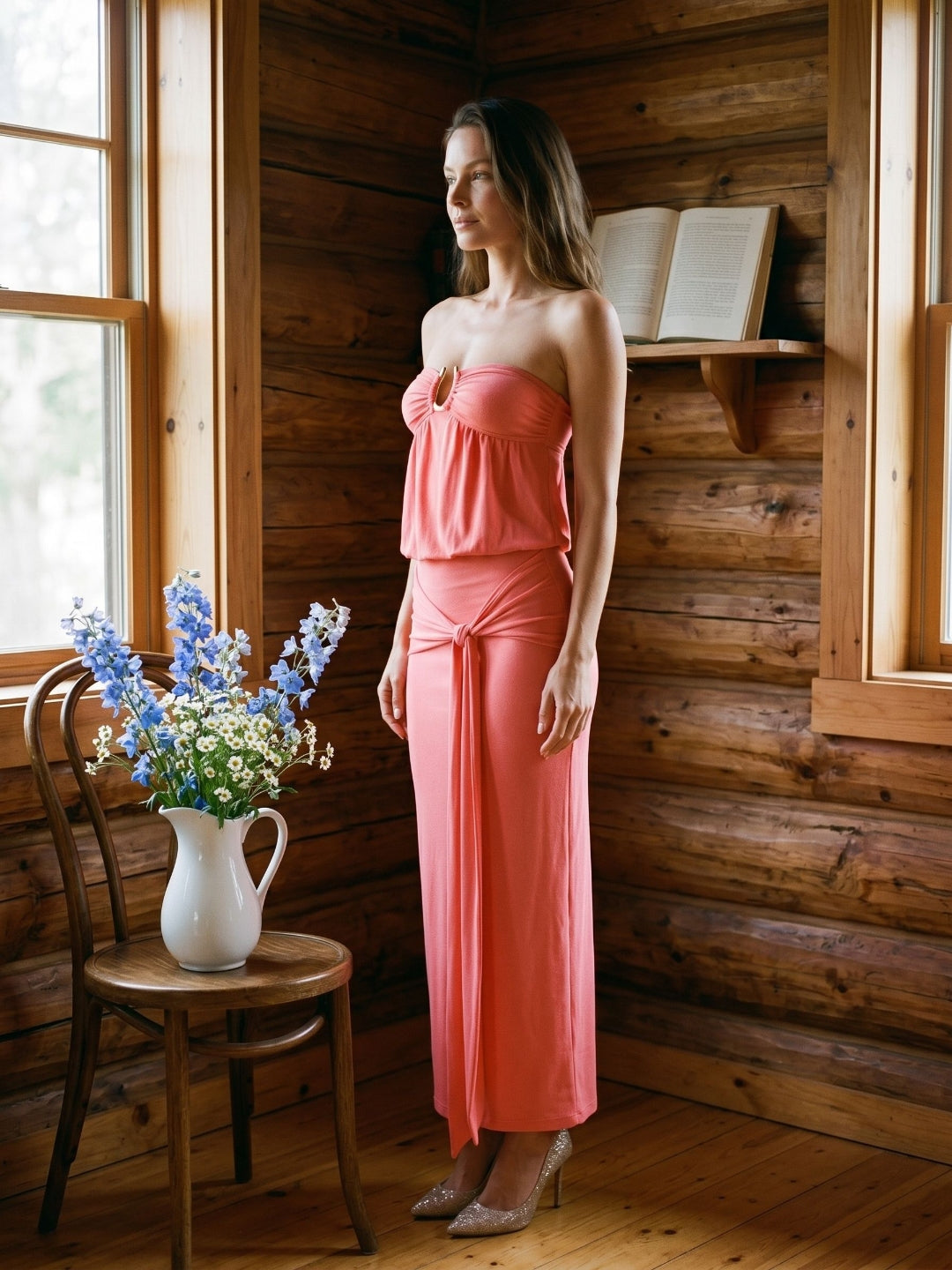 Coral Stretch Knit Sheath Straight Neck Side Zip Ankle-Length Evening Dress - Curvevia
