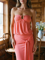 Coral Stretch Knit Sheath Straight Neck Side Zip Ankle-Length Evening Dress - Curvevia