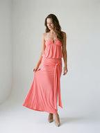Coral Stretch Knit Sheath Straight Neck Side Zip Ankle-Length Evening Dress - Curvevia