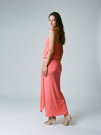 Coral Stretch Knit Sheath Straight Neck Side Zip Ankle-Length Evening Dress - Curvevia
