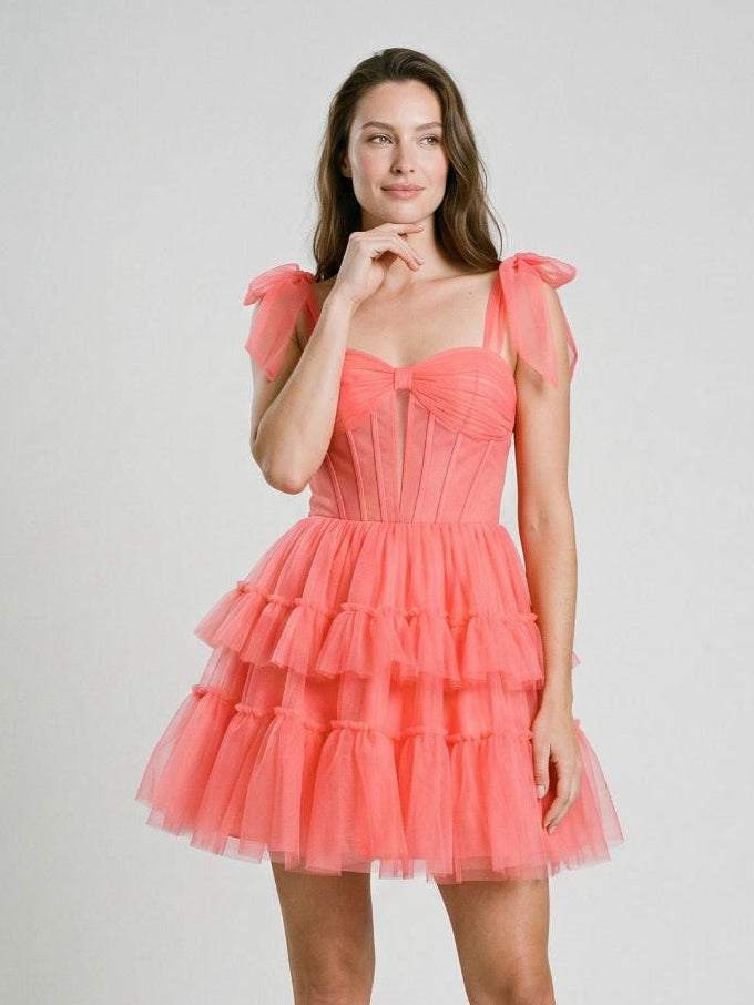 Coral Tulle A-Line Sweetheart Back Zip Short Dress with Bow - Curvevia