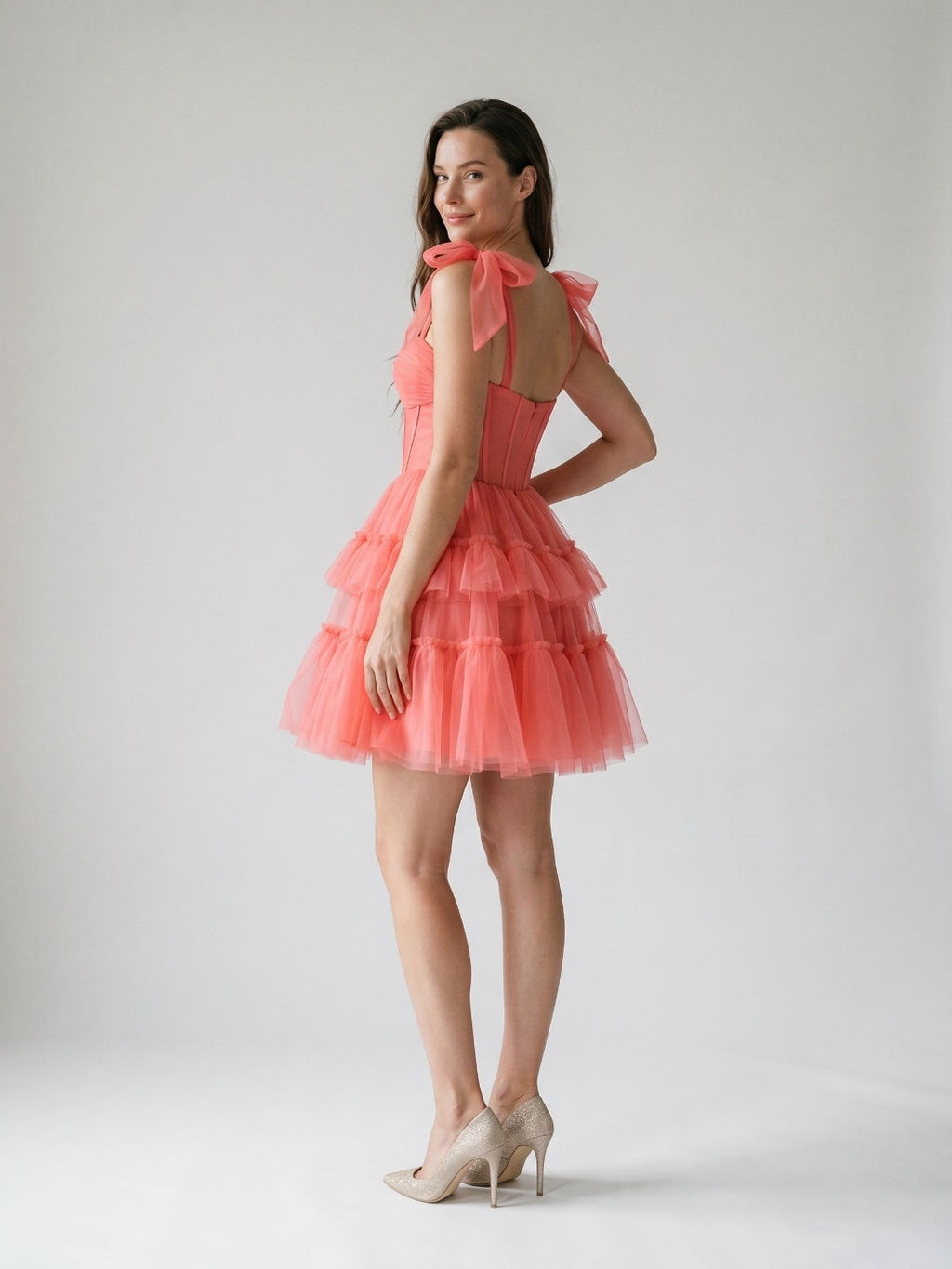 Coral Tulle A-Line Sweetheart Back Zip Short Dress with Bow - Curvevia