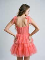 Coral Tulle A-Line Sweetheart Back Zip Short Dress with Bow - Curvevia