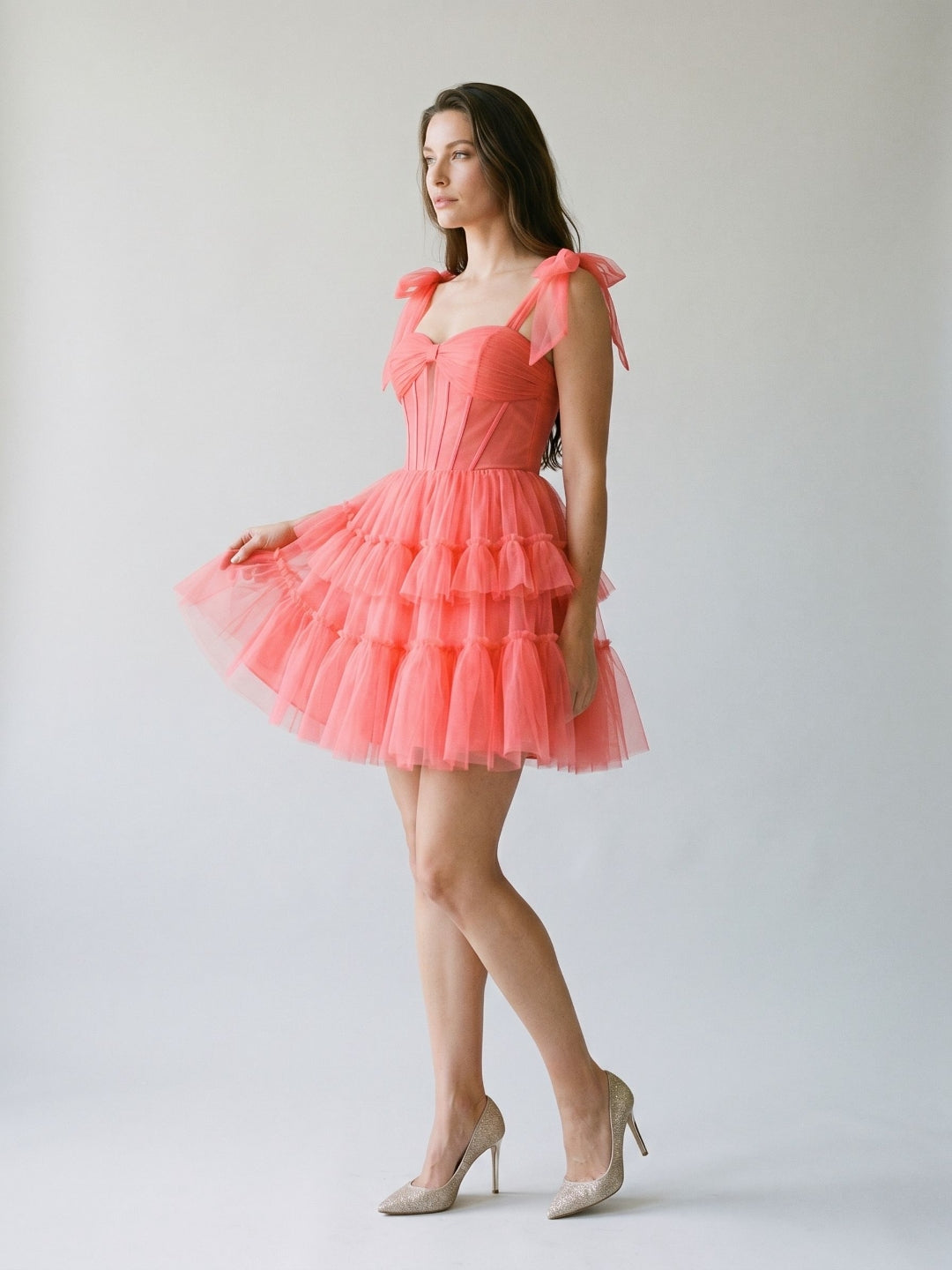 Coral Tulle A-Line Sweetheart Back Zip Short Dress with Bow - Curvevia