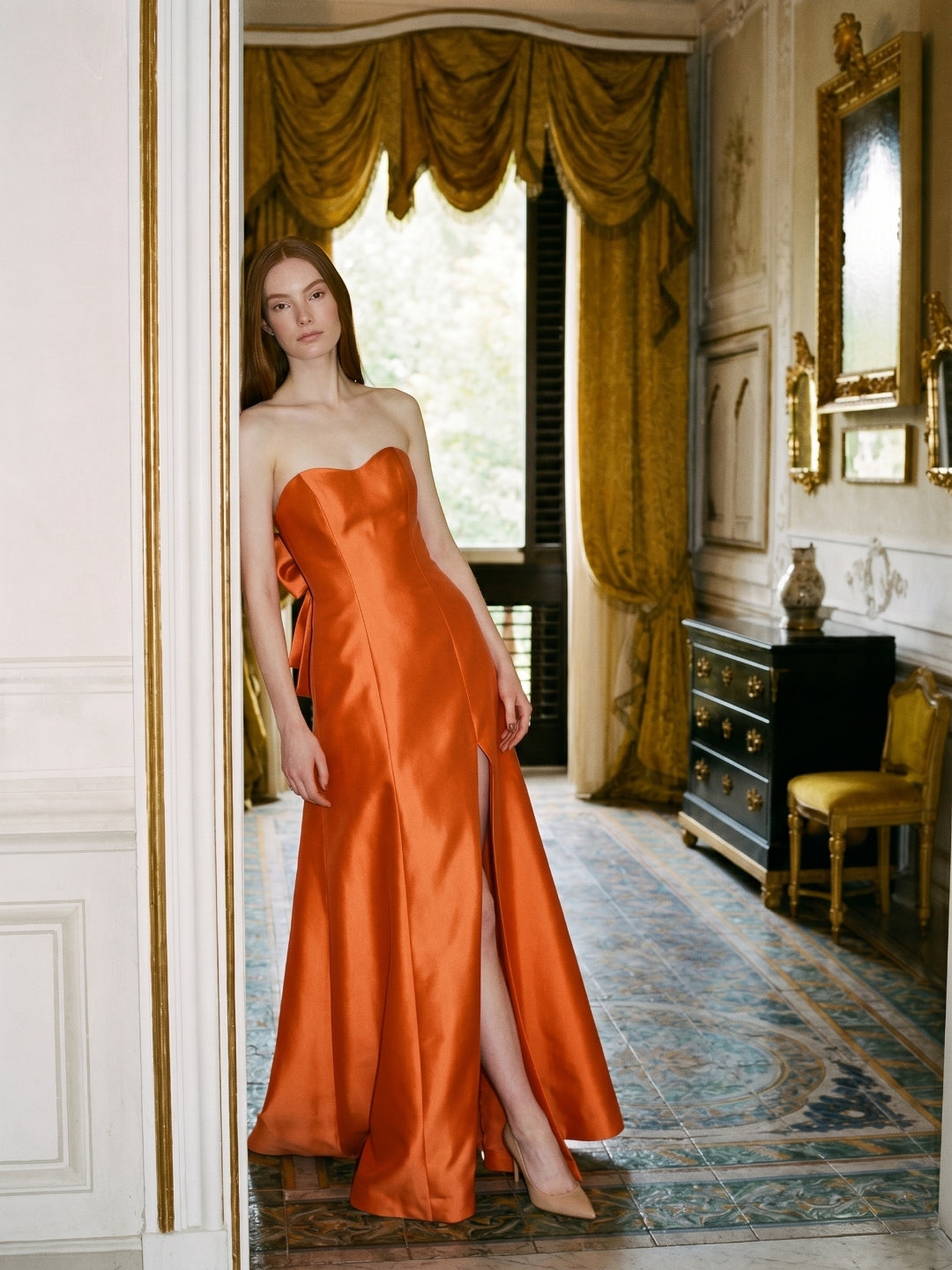 Crisp Orange Satin A-Line Sweetheart Backless Floor-Length Bridesmaid Dress with Pockets - Curvevia