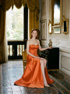 Crisp Orange Satin A-Line Sweetheart Backless Floor-Length Bridesmaid Dress with Pockets - Curvevia