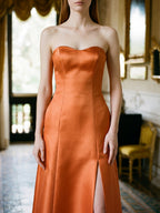 Crisp Orange Satin A-Line Sweetheart Backless Floor-Length Bridesmaid Dress with Pockets - Curvevia