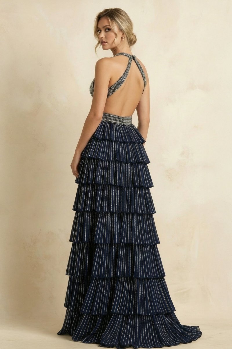 Royal Blue A-Line Halter Satin Beaded Long Wedding Guest Dress With Ruffles - Curvevia