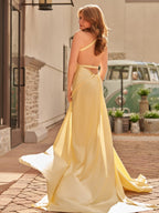 Yellow Mermaid Halter Satin Evening Dress With Tail Evening Dress - Curvevia