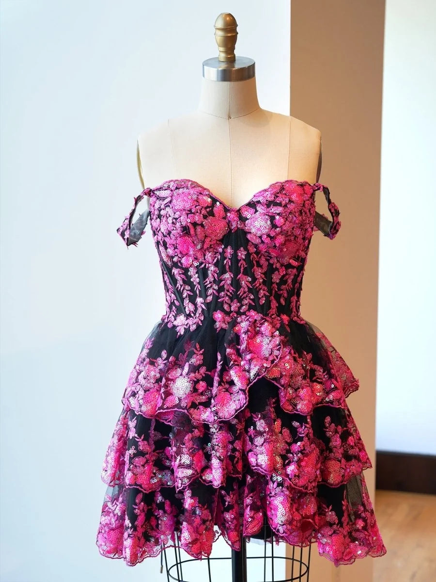 Navy Blue A-Line Sweetheart Tiered Short Homecoming Dresses - Curvevia