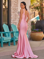 Pink V Neck Satin Mermaid Sleeveless Long Evening Dress - Curvevia
