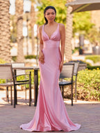 Pink V Neck Satin Mermaid Sleeveless Long Evening Dress - Curvevia