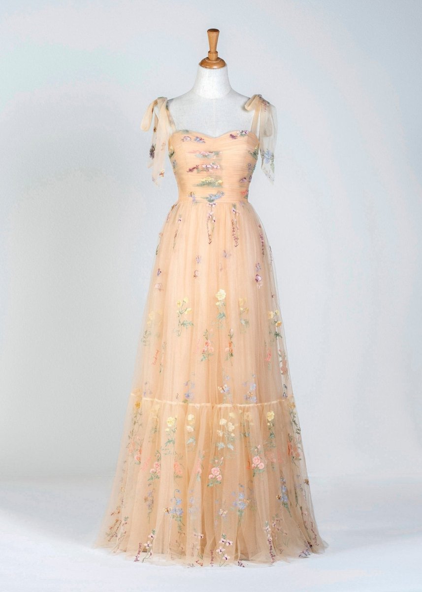 Spaghetti Straps Neck Floor Length Tulle Embroidery Floral Evening Dress - Curvevia