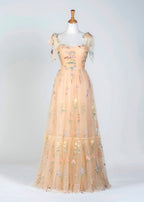 Spaghetti Straps Neck Floor Length Tulle Embroidery Floral Evening Dress - Curvevia