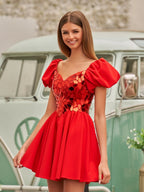 A-Line Short Red Cut-Glass Sweetheartg Dress - Curvevia