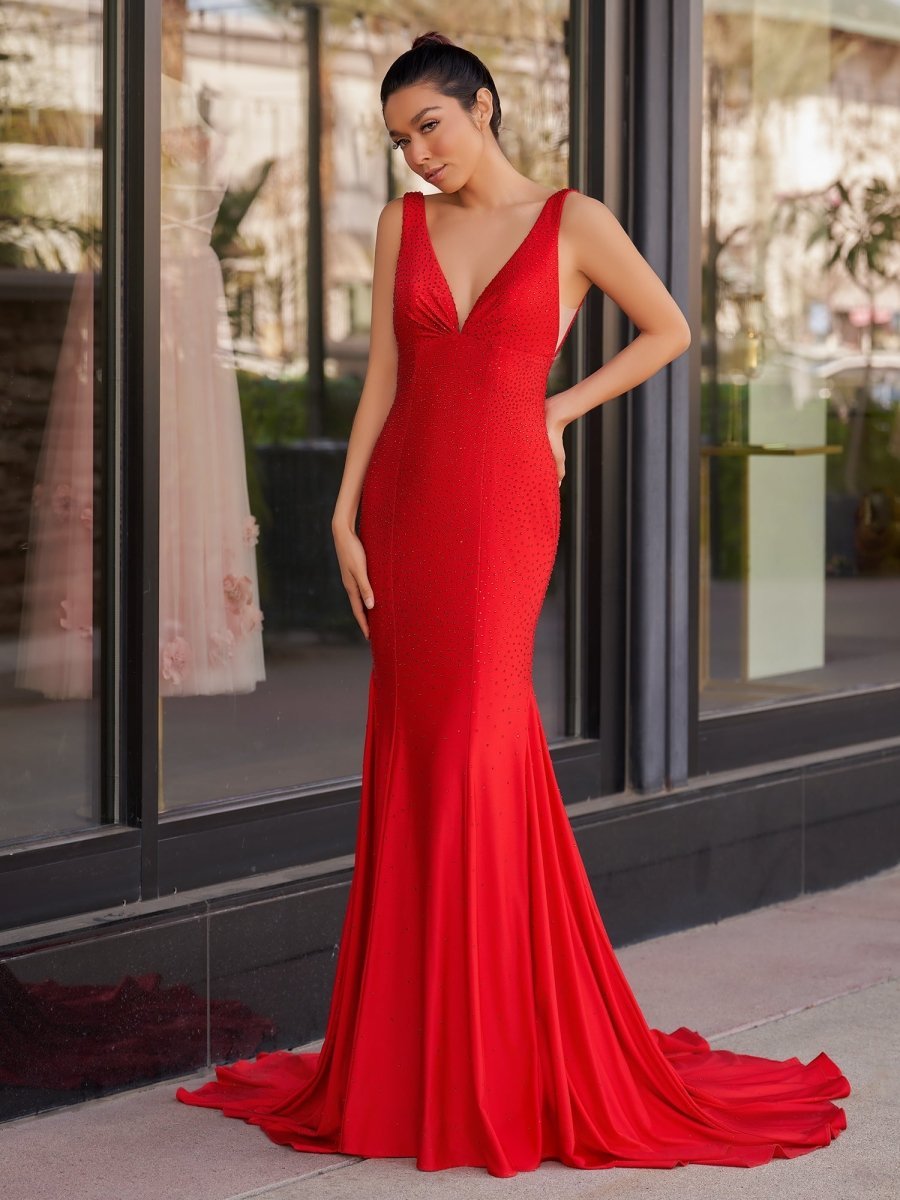 Mermaid Deep V-Neck Beaded Satin Long Evening Dress - Curvevia