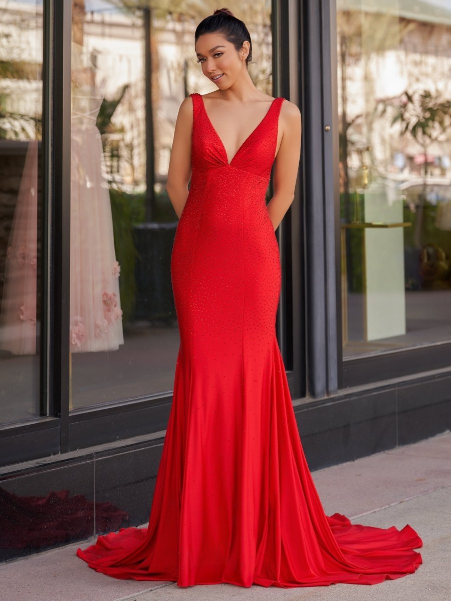 Mermaid Deep V-Neck Beaded Satin Long Evening Dress - Curvevia